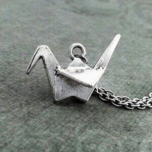 Silver Metal Origami Paper Crane Pendant Necklace